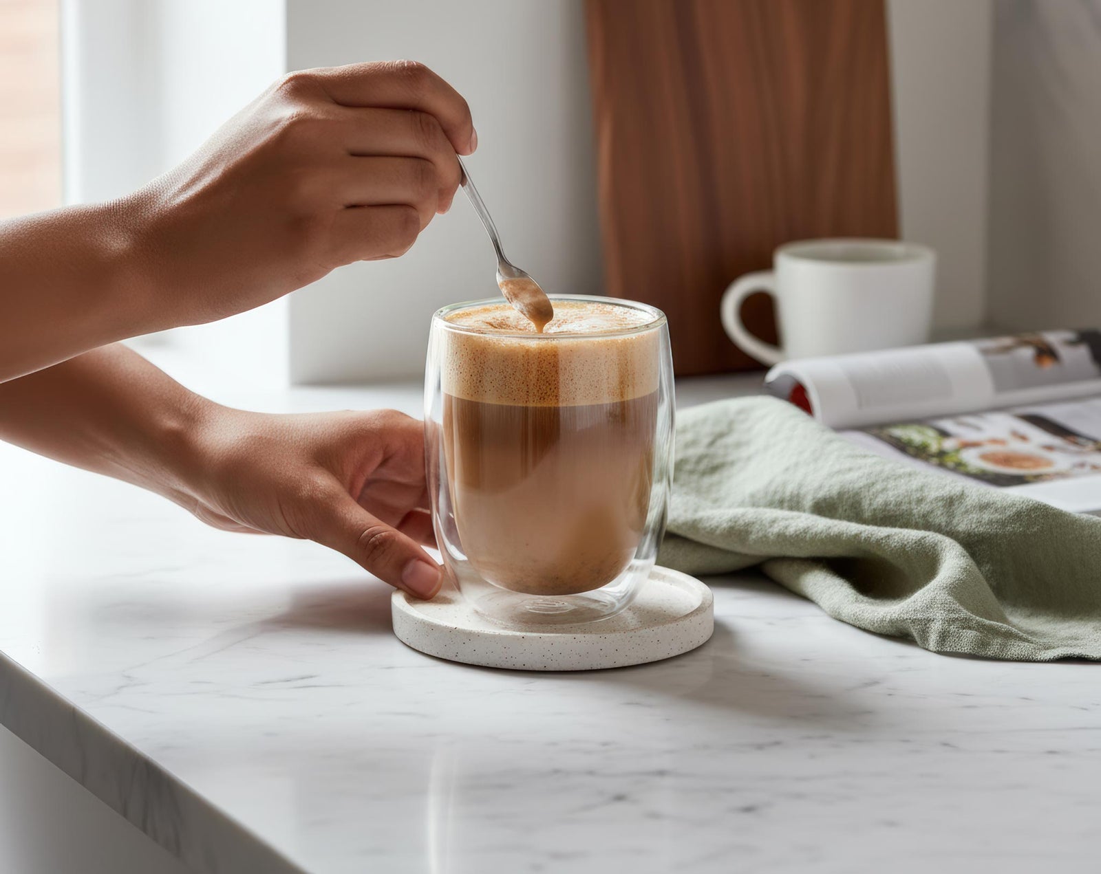 Classic hot mocha cappuccino in a glass mug made with Caffe DVita Mocha Mix