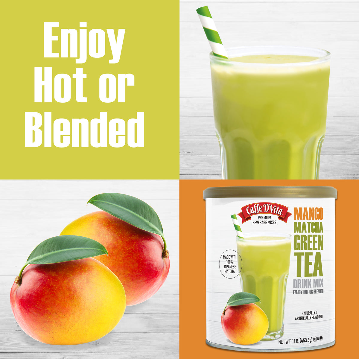 Mango Matcha Green Tea Drink Mix- Case of 6 - 1 lb. cans (16 oz.) - Foodservice