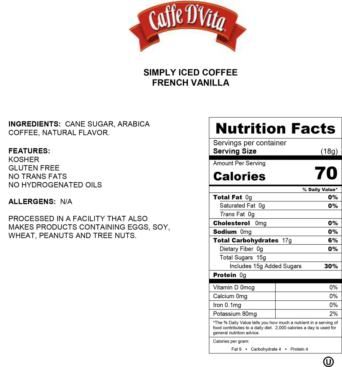 Simply Iced Coffee French Vanilla - Single Can or Case of 4 Cans - 2.5 lb. (40 oz.) - caffedvita